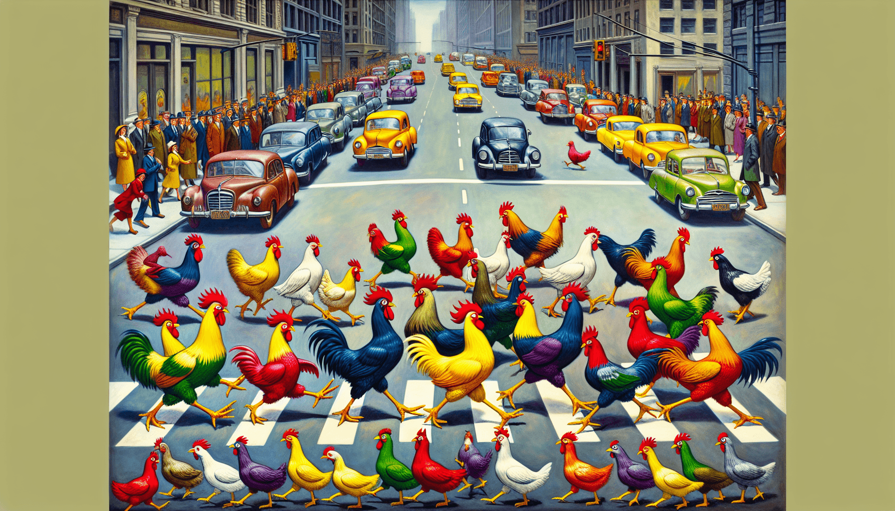 Chickens crossing road with teamwork